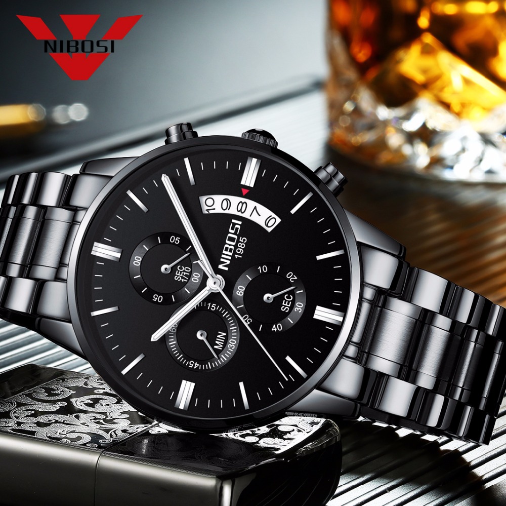 Luxury Watch Exhibition - NIBOSI Stainless Steel Black Quartz Watch
